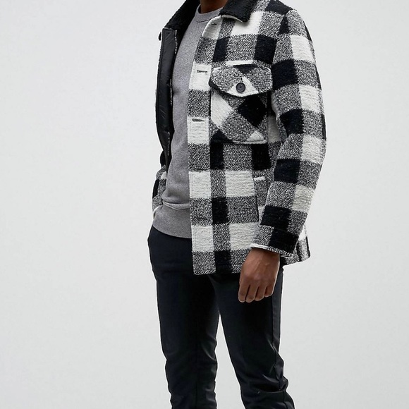 ASOS Checked Peacoat with Borg Collar in Black XXS - Picture 4 of 6